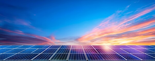 Vibrant sunrise over solar panels, showcasing renewable energy and sustainability in a clear blue sky.