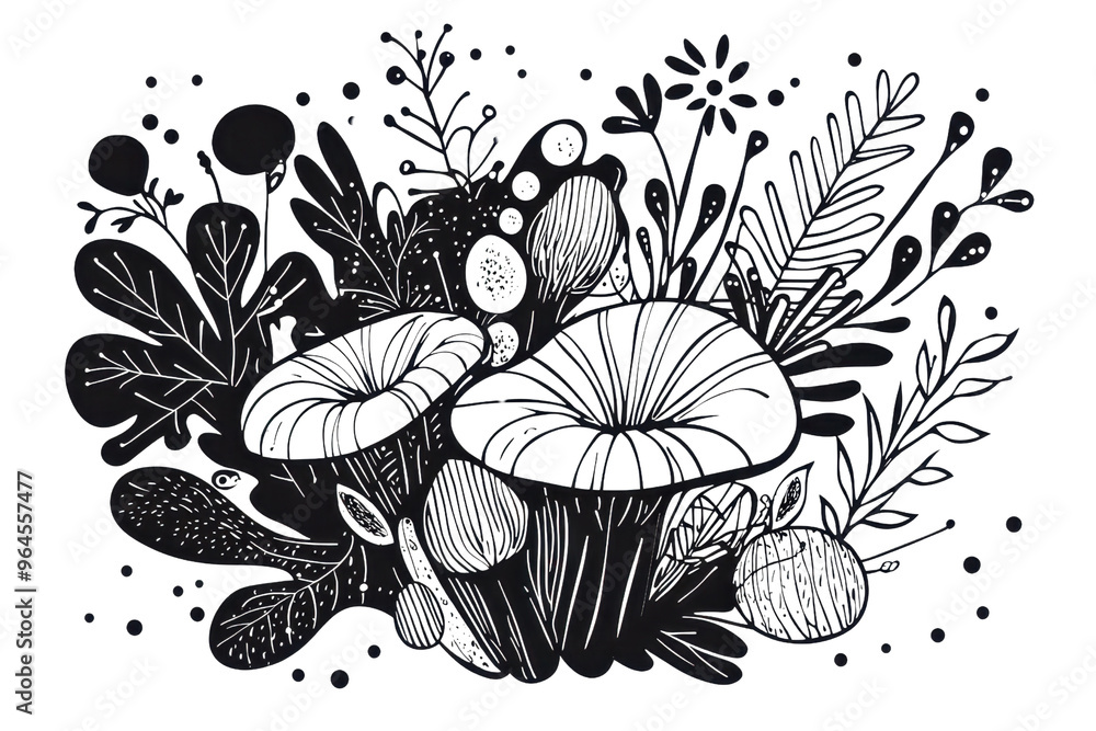 Hand-drawn black and white botanical illustration of various flowers ...