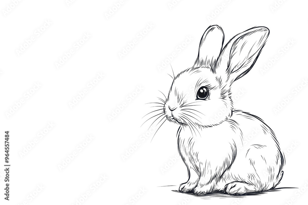 Hand-drawn black and white sketch of a cute bunny rabbit with detailed ...