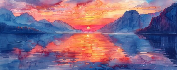 Wall Mural - Watercolor abstract sunset over lake with reflections on white.