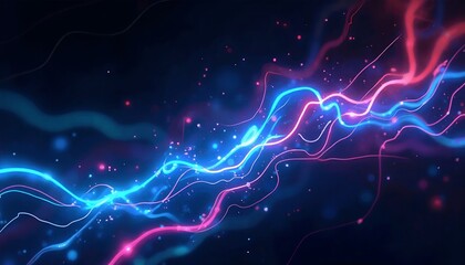 Wall Mural - Futuristic neon patterns with vibrant glowing shapes, dark background, copy space