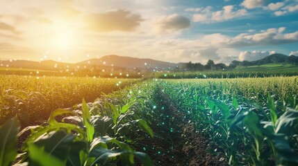 Wall Mural - A thriving agricultural field empowered by cutting-edge biotechnology, symbolizing sustainable farming innovations.