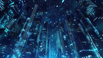 Cyberpunk Cityscape with Glowing Skyscrapers and Falling Data