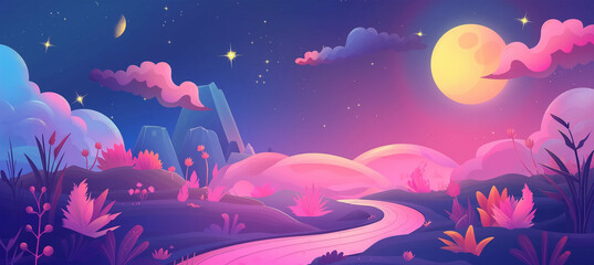 Wall Mural - Fantasy pink planet surface with full moon, game background, Illustration