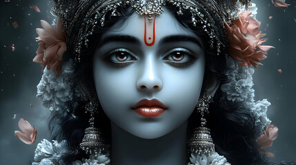 Wall Mural - A serene portrait of a deity with intricate features and floral adornments.