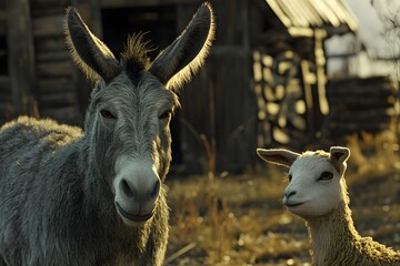 Donkey and Llama Looking Over Wooden Fence