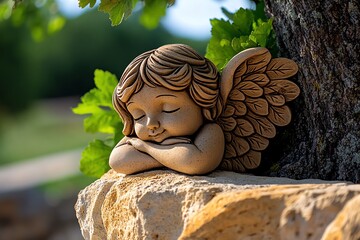 Stone angel, resting against an ancient tree, silent companion keeps watch as the seasons change, a steadfast presence through the ages