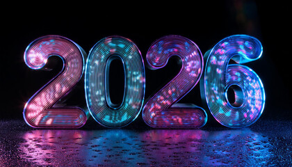 Wall Mural - Futuristic glossy number 2026 with water droplets on black background. New Year. Neon colors.