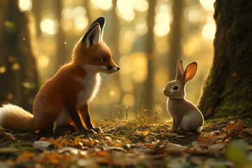 Poster - Fox and Rabbit Encounter in a Sun-Dappled Forest