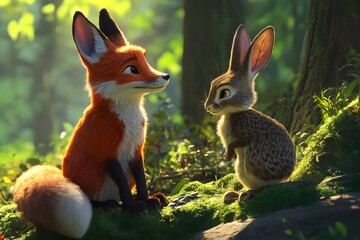 Wall Mural - Fox and Rabbit Friendship in the Forest