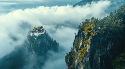 Wall Mural - A wide-angle view of Tiger's Nest Monastery nestled among the clouds, with a steep drop below.