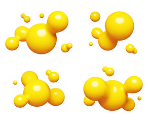 Wall Mural - Yellow abstract liquid metaball shape. 3d render illustration set of fluid soft bubble blob. Organic bright decorative sphere geometric form. Morphing ball aqua drop or molecule. Flow particles.