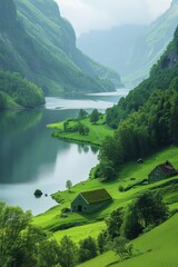 A serene landscape showcasing lush green hills and a tranquil lake surrounded by mountains.