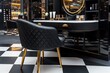 © Sanchai - Vanity table with a classic black and white theme, depicted in an artwork where a black vanity table with a white marble top is contrasted with a black-and-white checkered floor, creating a