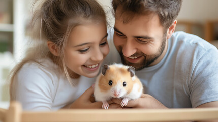 Close-up of a father and daughter grinning as they gently hold their pet hamster, creating a tender moment of family and pet love.