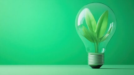 Wall Mural - A light bulb with a plant inside of it on green background, AI