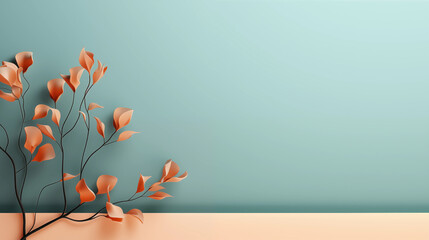 Wall Mural - A blue wall with a branch of orange leaves on it