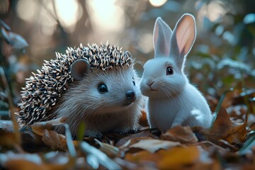 Hedgehog and Rabbit Friends in Autumn