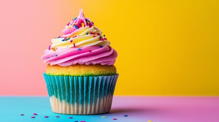 Cupcake with rainbow frosting and confetti sprinkles, vibrant background, perfect for kids birthday party, rainbow cupcake, kids party dessert