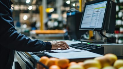 Officials' hands checking food export documents Table top with computer and digital scale : Food export document verification