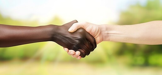 Two hands of different skin tones shaking in a gesture of unity and partnership. A symbol of cooperation, collaboration, and equality.