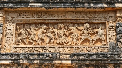 Close-up of the detailed carvings on the walls of Chichen Itza, illustrating scenes from Mayan mythology.