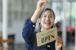 © David - Portrait of asian woman sme business coffee shop owner smiling beautifully and opening a coffee shop that is her own business, Small business concept.