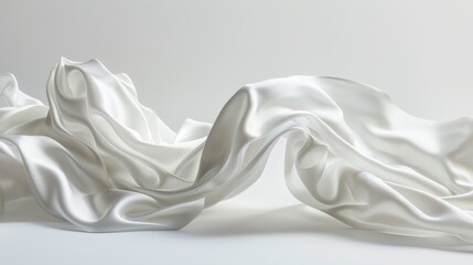 Multiple pieces of white silk satin cloth float gracefully, showcasing smooth textures and reflecting light, creating a soft and dreamy ambiance in the composition