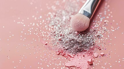 makeup brush with glitter on it, lying next to small silver sequins scattered around it against a pastel pink background. Web banner with copy space