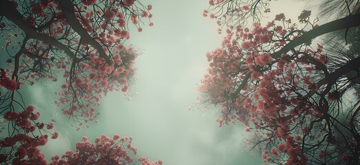 Wall Mural - A cinematic still of pink flowers in the trees, muted pastel colors, shot from below looking up at the sky