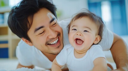 Poster - A man and a baby laying on the floor smiling, AI