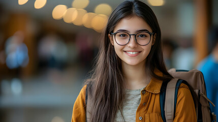 A smiling young woman with glasses stands in a blurred background, exuding a friendly vibe.