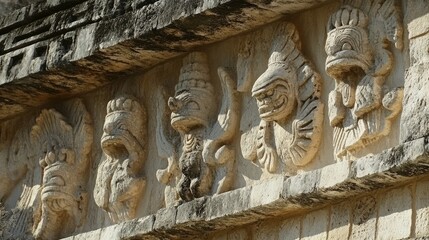 The ancient stone carvings of Chichen Itza, depicting Mayan deities and celestial events.