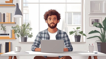 Wall Mural - Young Man Working from Home Office Surrounded by Modern Minimalist Decor in Daylight