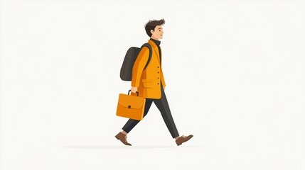 Illustration of a Professional Man Walking with Briefcase and Backpack in Autumn Attire