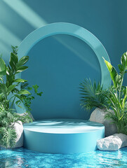 Wall Mural - 3D podium with a blue background and a circular arch, a product display platform design with plants on the sides, in a minimalist style.