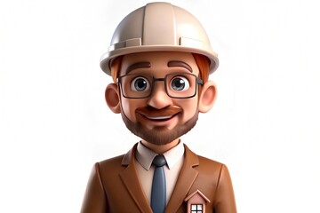 3D cartoon engineer with hard hat and glasses in business suit holding tiny house