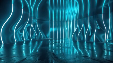 Wall Mural - Abstract futuristic space with glowing lines and reflective floor.