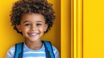 Wall Mural - A young boy with a backpack smiles at the camera, AI