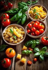 Wall Mural - colorful pasta dishes fresh vegetables presented rustic wooden surface wholesome culinary experience, vibrant, food, meal, ingredients, presentation, natural