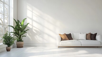 Wall Mural - Minimalist Living Room Interior Design with White Sofa and Greenery