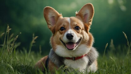 Smiling corgi on a green background with large ears and space for a message.