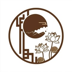 Poster - Circular Design with Lotus Flowers, Mountains and Clouds in Brown and Beige