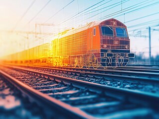 Engineers working on railway tracks, with technical schematics overlaid in double exposure, Modern, High-Contrast, Photography