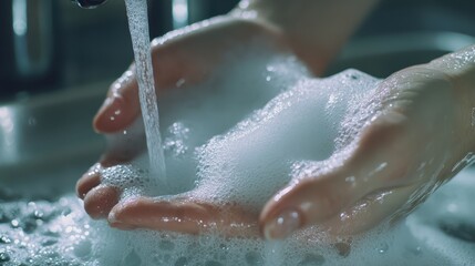 Close-up of hands lathering with soap under running water, focus on the foam and droplets, blurred hospital sink in the background.