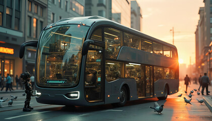 A sleek, modern bus with a curved glass frame sits in the middle of a vibrant city street. The sun is rising, casting a warm orange glow on the metal frame. Music and whirring gears fill 