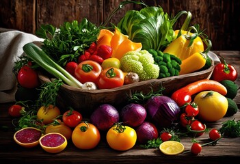 Wall Mural - colorful vibrant ingredients artfully arranged stunning food presentation fresh garnishes, vegetables, fruits, colors, arrangement, dishes, culinary, design