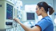 © bajita111122 - Detailed shot of a nurse adjusting an EKG machine, focus on the wires and digital readout, blurred hospital room setting behind.