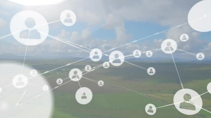 Poster - Animation of network of connections with icons over landscape