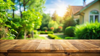 Poster - Empty wooden table top with blurred abstract green garden and house background